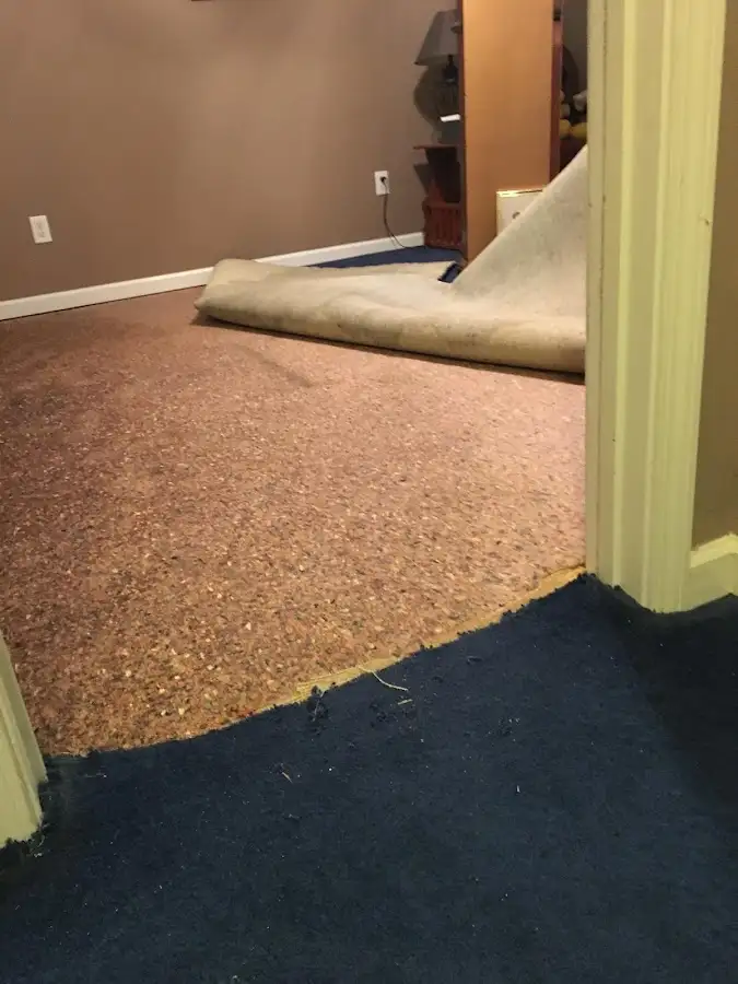 Carpet pad removal revealing water damage during Drying & Dehumidification in Attica